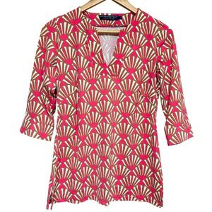 Katherine Way Shell Fan Tunic Top Womens‎ Small 3/4 Sleeve Preppy Resort USA